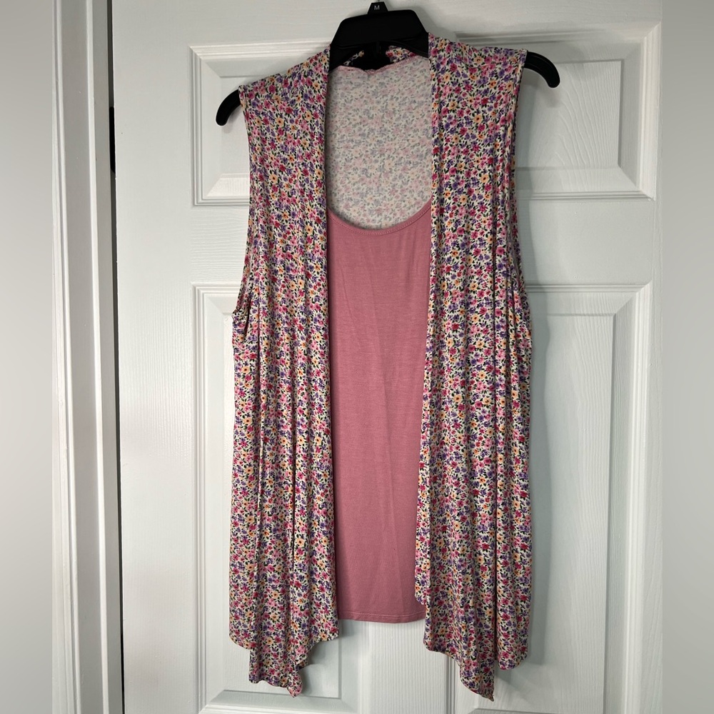 Corvia Floral Sleeveless Cardigan with Faux Pink Tank Top